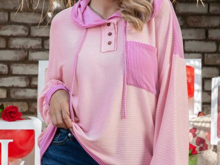 Pink Corded Colorblock Patchwork Plus Size Hoodie Online Sale