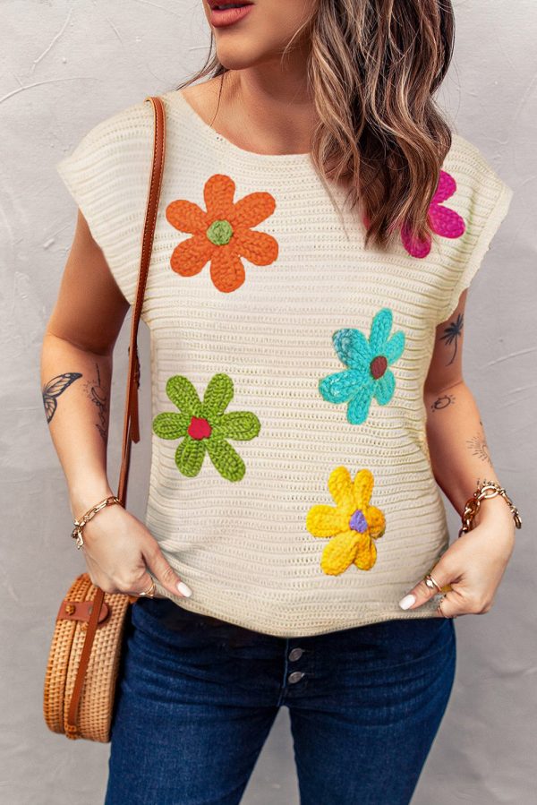 White Flower Crochet Round Neck Knitted Top For Cheap