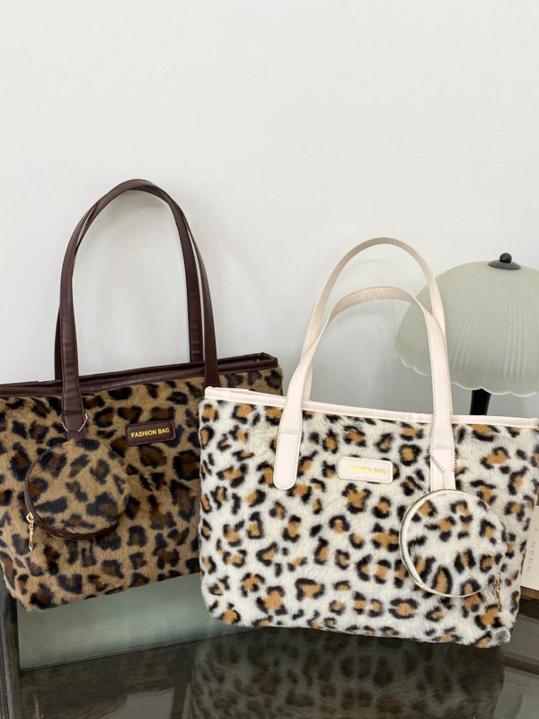 Leopard Faux Fur Tote Bag with Coin Purse Cheap