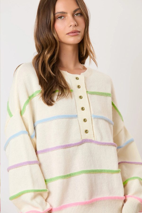 White Rainbow Stripes Drop Shoulder Baggy Henley Sweater Online Hot Sale