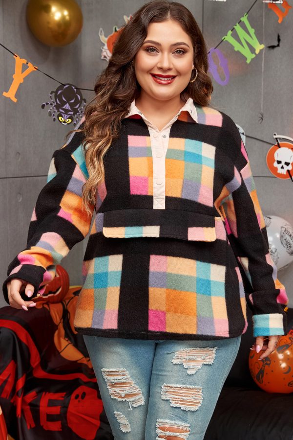 Black Plus Size Checkered Print Sherpa Henley Sweatshirt Fashion