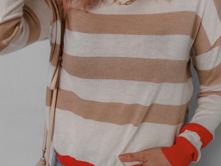 Apricot Colorblock Striped Round Neck Drop Shoulder Sweater Cheap