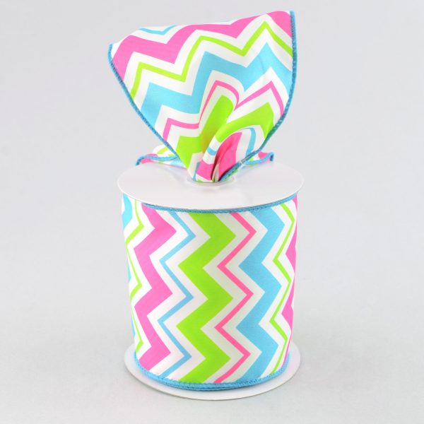 4  Satin Spring Chevron Ribbon: Blue, Pink & Lime Hot on Sale