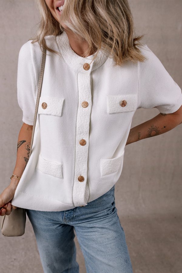 White Gold Buttons Textured Sweater T Shirt Cheap