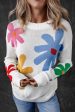 White Colorful Big Flower Pattern Crewneck Sweater For Cheap