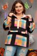 Black Plus Size Checkered Print Sherpa Henley Sweatshirt Fashion