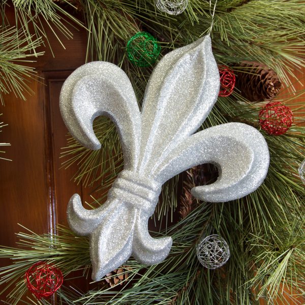 10  Fleur de Lis Ornament: Silver Glitter Supply