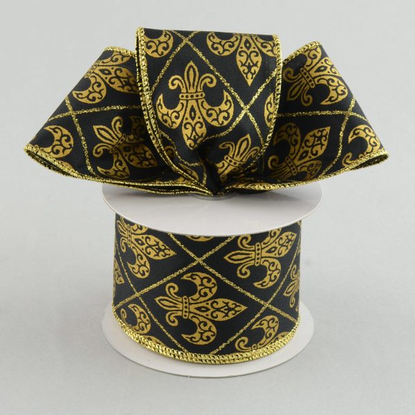 2.5  Black Gold Harlequin Fleur De Lis Ribbon (10 Yards) Online Sale