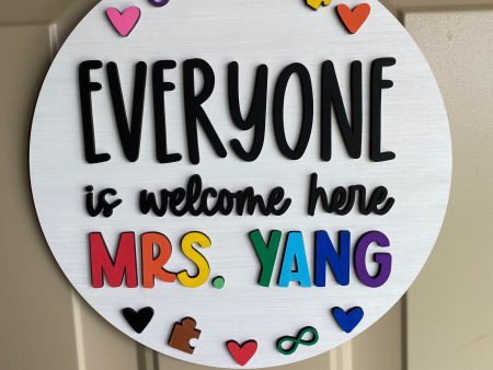 Everyone is welcome here neurodiversity round classroom sign - customizable! Hot on Sale