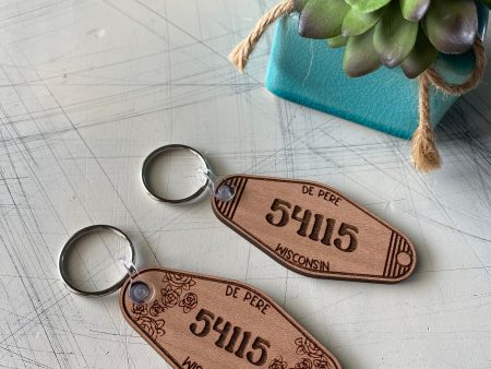 Zip Code and City Customizable Wood Motel-style Keychain For Cheap