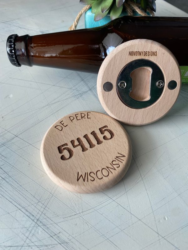 Customized zip code and city wood bottle opener on Sale